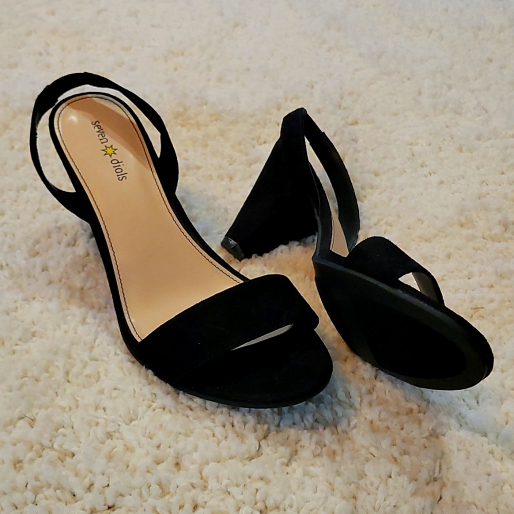 Seven Dials Black Suede Cone Heel Open Toe Slingback Sandals Ramsbury Size 8Su